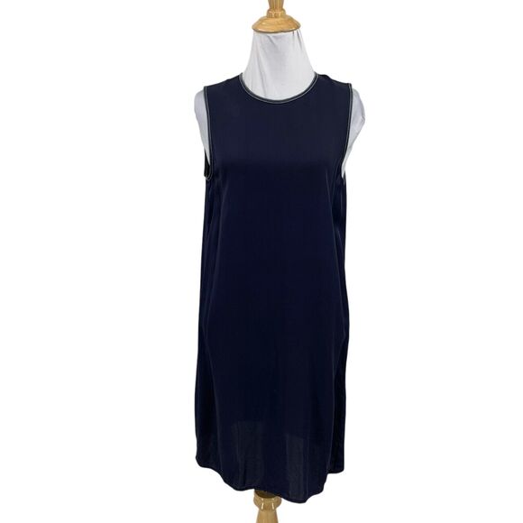 Theory Dress Womens 6 Navy Brindina Silk Leather Trim Sleeveless Back Zip Shift - Picture 1 of 12